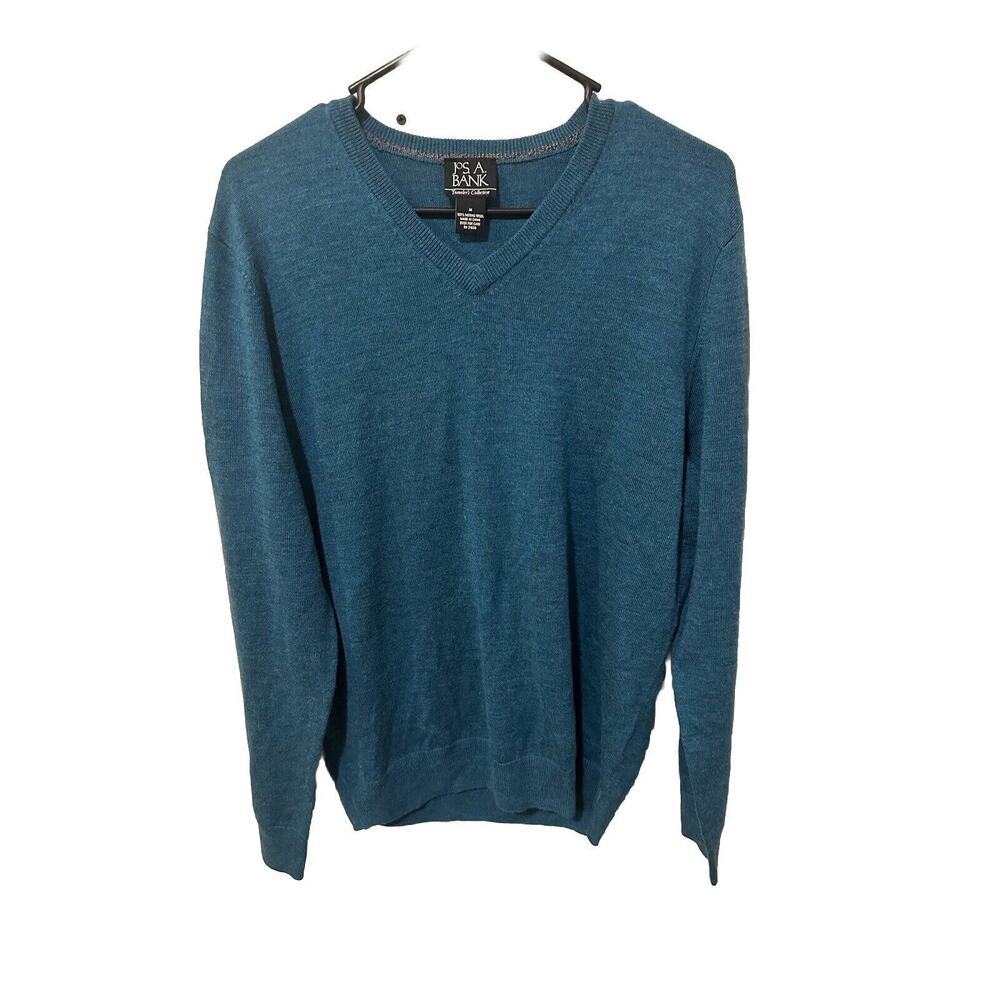 JOS A BANK TRAVELER'S V-Neck Pullover Sweater Mens M Blue 100% Merino Wool Soft